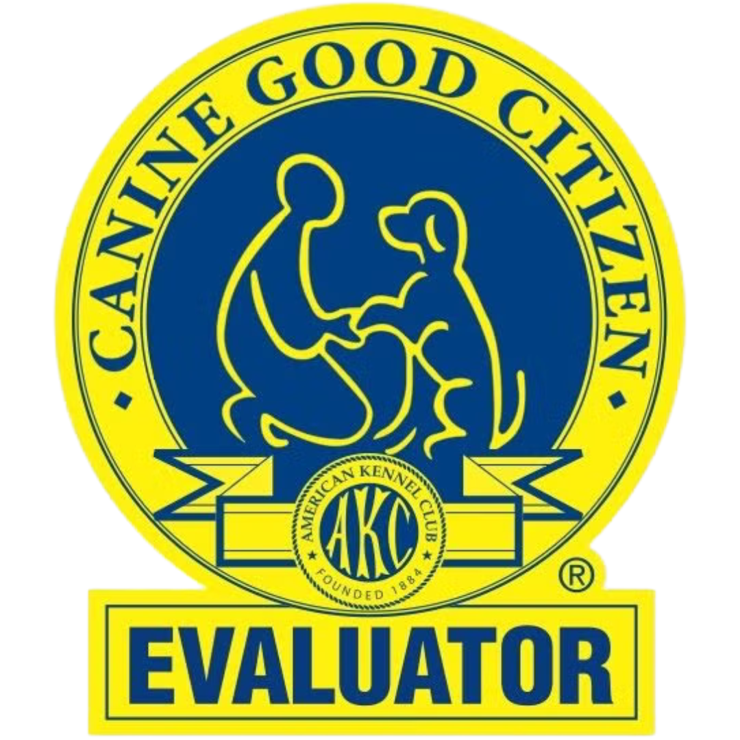 AKC Canine Good Citizen Evaluator logo. Yellow circle with blue figures of person and dog, yellow text.