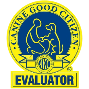 AKC Canine Good Citizen Evaluator logo. Yellow circle with blue figures of person and dog, yellow text.