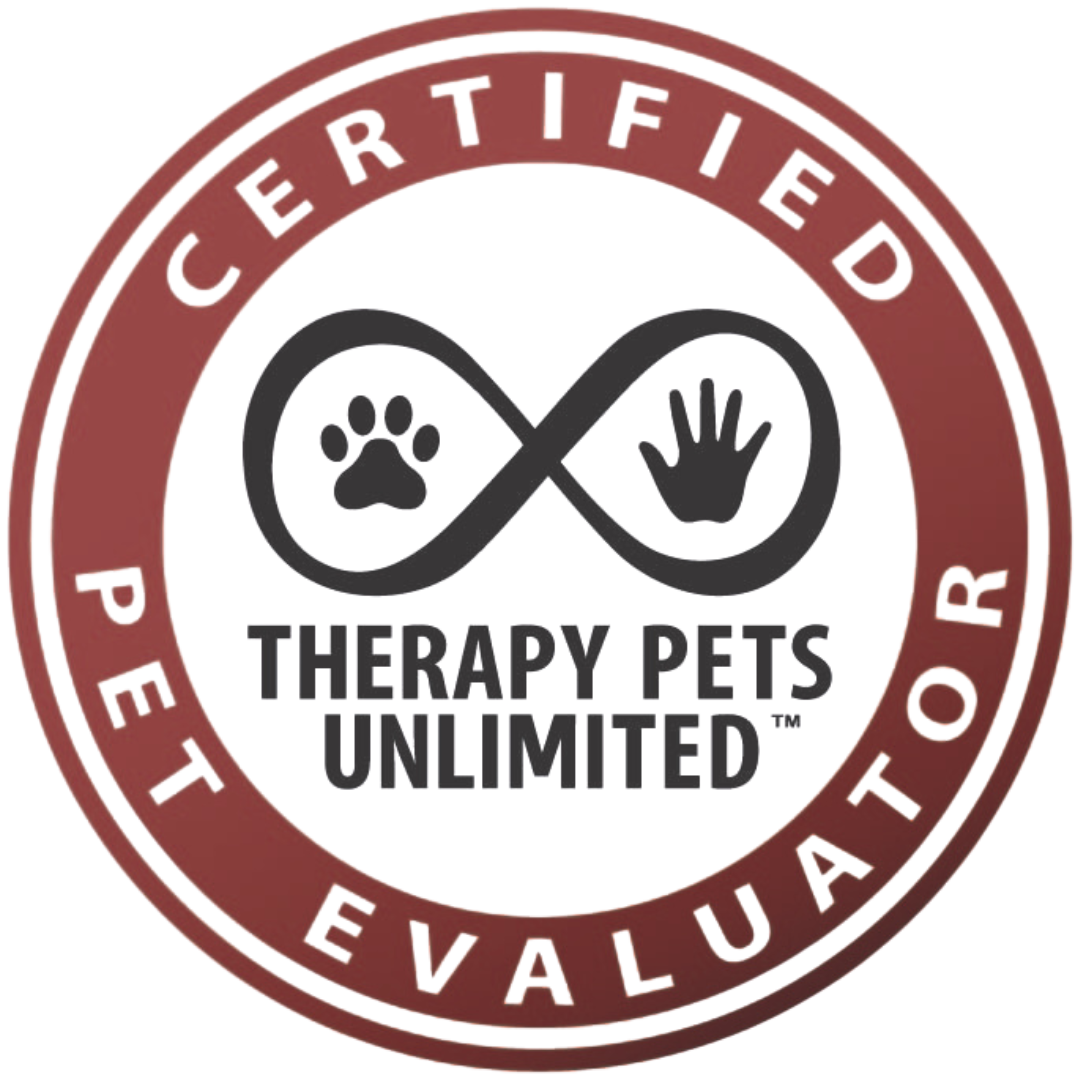 Certified Therapy Pets Unlimited evaluator badge; red and white circle with paw print, hand, infinity symbol.