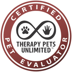 Certified Therapy Pets Unlimited evaluator badge; red and white circle with paw print, hand, infinity symbol.