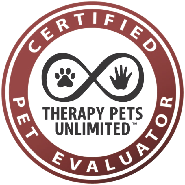 Certified Therapy Pets Unlimited evaluator badge; red and white circle with paw print, hand, infinity symbol.