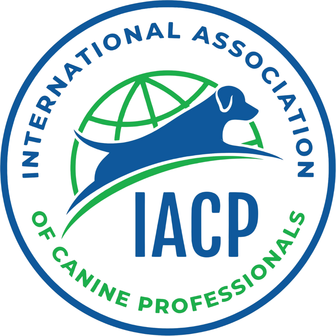 Blue and green logo: silhouette of a dog over a globe, text "IACP" and "International Association of Canine Professionals."
