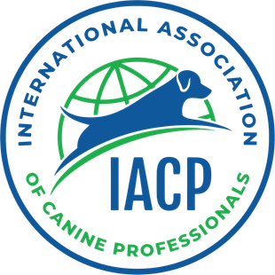 Blue and green logo: silhouette of a dog over a globe, text "IACP" and "International Association of Canine Professionals."