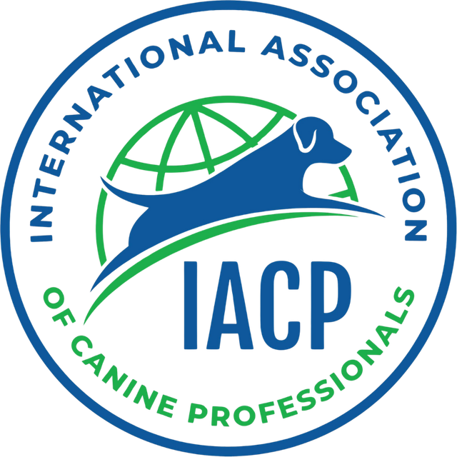 Blue and green logo: silhouette of a dog over a globe, text "IACP" and "International Association of Canine Professionals."