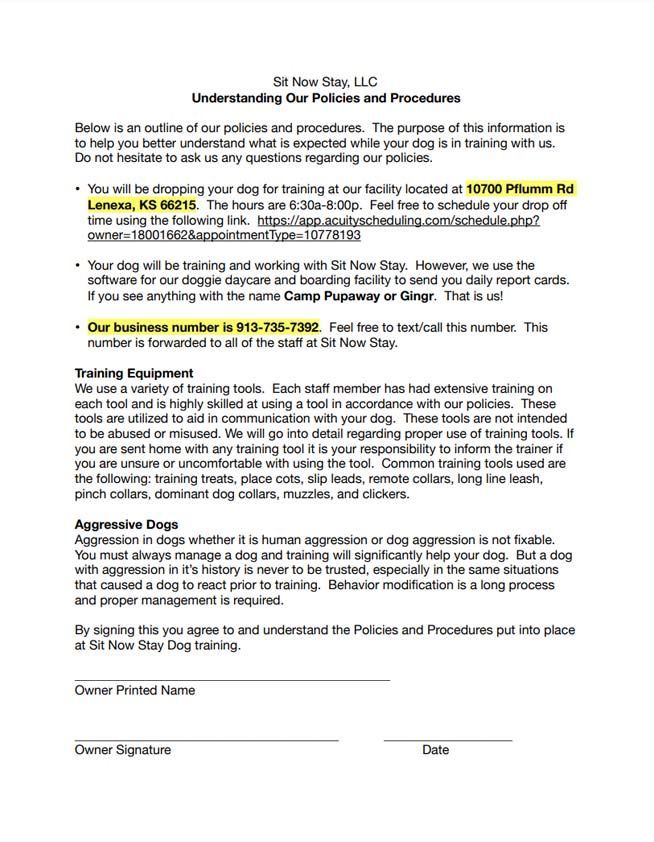 Document outlining policies and procedures for Sir Naps Stay, LLC dog training in Lehi, PA.