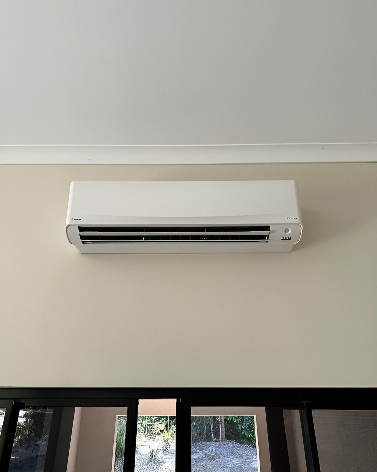 A White Air Conditioner is Hanging on a Wall Next to a Window — Eclipse Air Conditioning and Refrigeration In Redlynch, QLD