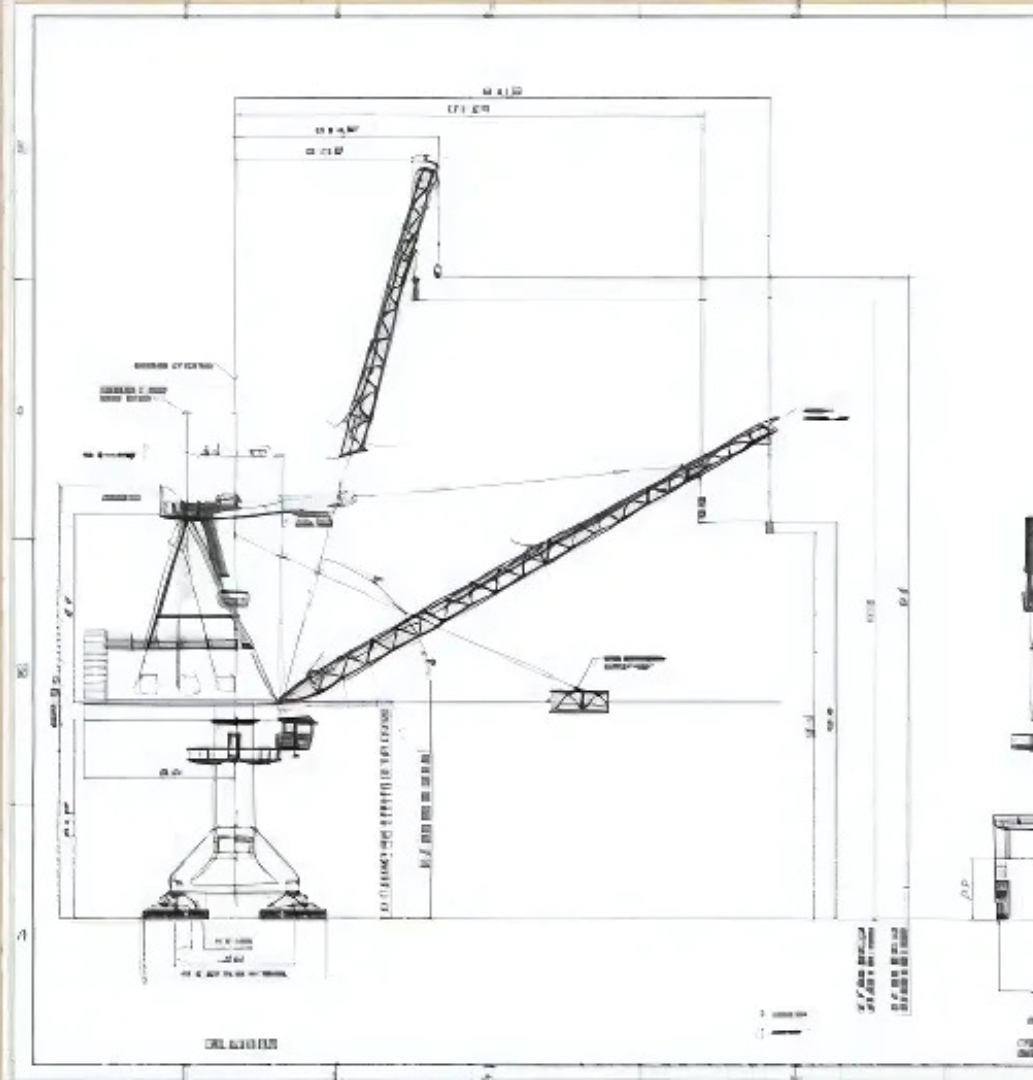 A black and white drawing of a construction crane