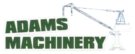A logo for adams machinery with a crane on it