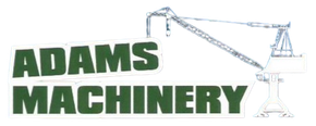 A logo for adams machinery with a crane on it