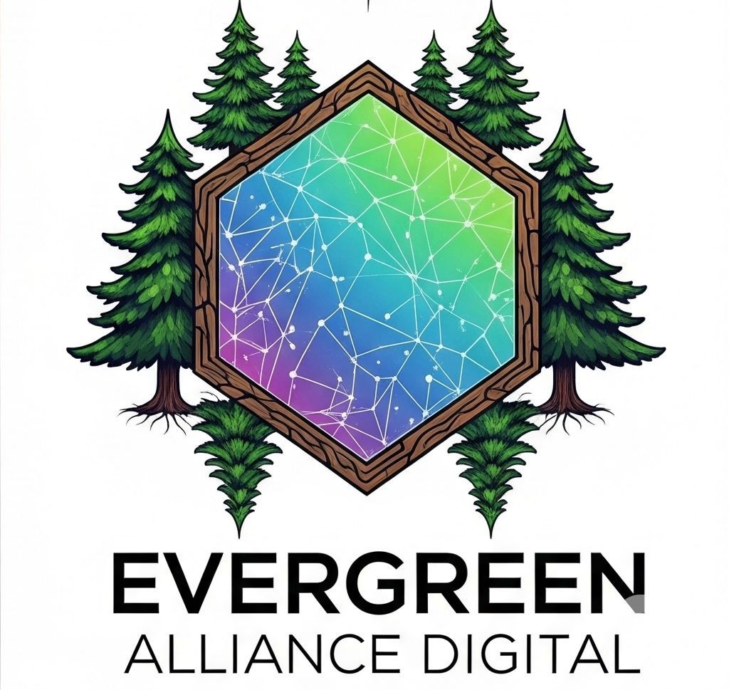 A logo for evergreen alliance digital with trees and a rainbow in the middle.