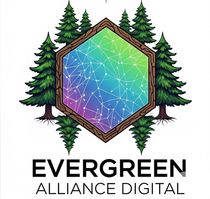 A logo for evergreen alliance digital with trees and a rainbow in the middle.