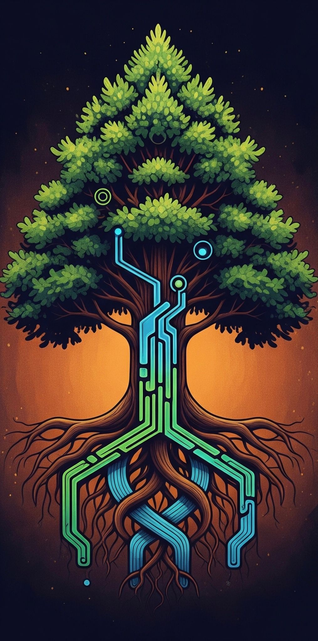A pixelated tree with a circuit board design. The roots and trunk are green and blue against an orange backdrop.