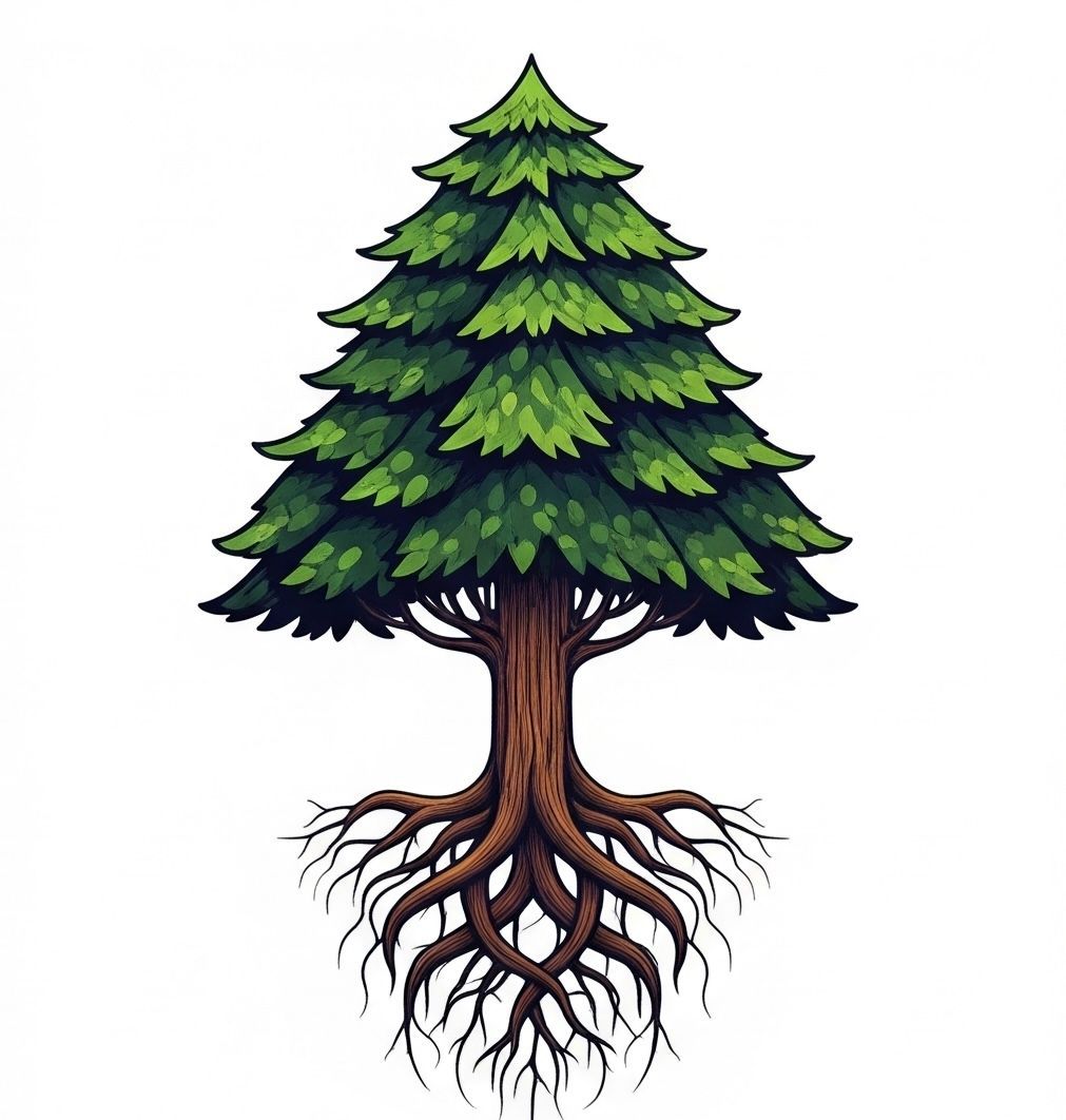 Green pine tree with brown trunk and roots, illustrated on a white background.
