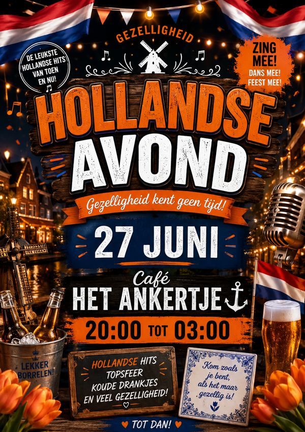 ??? HOLLANDSE AVOND ???
Zing mee met de grootste Hollandse hits en beleef een avond vol gezelligheid, sfeer en feest! ??
? Café Het Ankertje
? Vrijdag 27 juni
? 20:00 uur – 03:00 uur
? De leukste Nederlandse meezingers
? Koude drankjes
? Gezellige sfeer
? Feesten tot in de late uurtjes