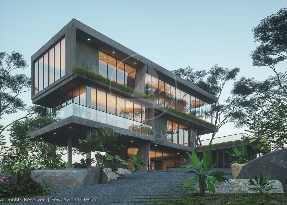 ภาพบ้านสไตล์โมเดิร์น 3 ชั้นบนเนินเขา