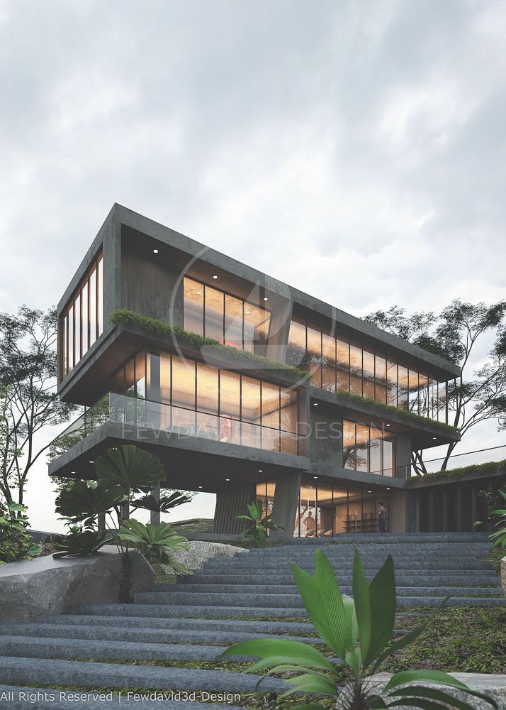 ภาพบ้านสไตล์โมเดิร์น 3 ชั้นบนเนินเขา