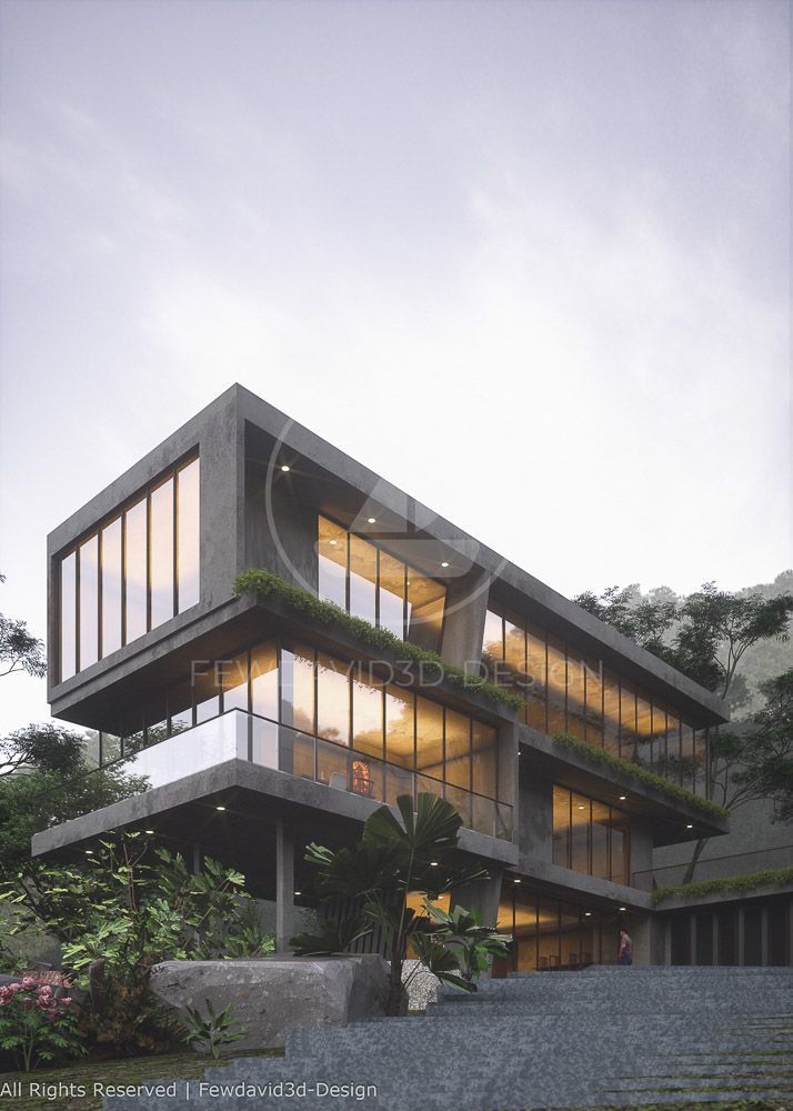 ภาพบ้านสไตล์โมเดิร์น 3 ชั้นบนเนินเขา