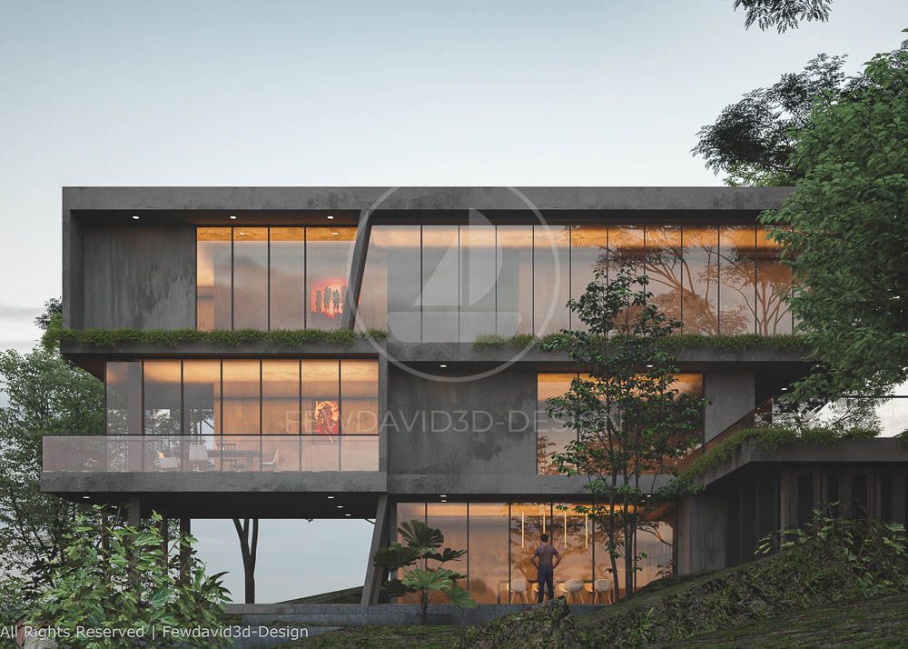 ภาพบ้านสไตล์โมเดิร์น 3 ชั้นบนเนินเขา