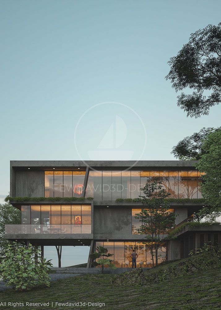 ภาพบ้านสไตล์โมเดิร์น 3 ชั้นบนเนินเขา