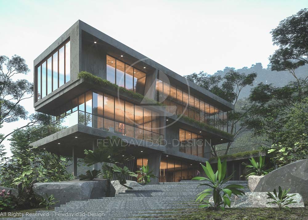 ภาพบ้านสไตล์โมเดิร์น 3 ชั้นบนเนินเขา