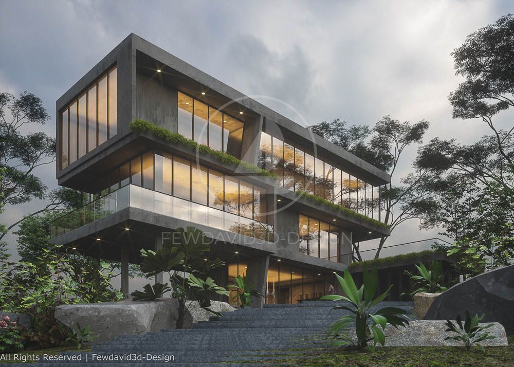 ภาพบ้านสไตล์โมเดิร์น 3 ชั้นบนเนินเขา