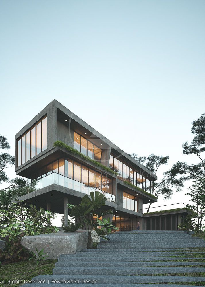 ภาพบ้านสไตล์โมเดิร์น 3 ชั้นบนเนินเขา