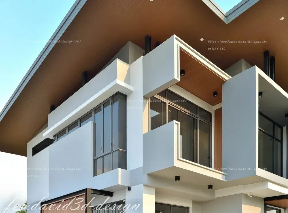 บ้านโมเดิร์นสองชั้น ออกแบบโดดเด่นด้วยระเบียงและกรอบปูนสไตล์เรขาคณิต หลังคาเพิงหมาแหงนช่วยเพิ่มมิติให้ตัวบ้าน ผนังสีขาว-เทาตัดกับงานไม้ ให้ความรู้สึกอบอุ่นและหรูหรา กระจกบานใหญ่ช่วยรับแสงธรรมชาติ เหมาะสำหรับผู้ที่ต้องการบ้านทันสมัย โปร่งโล่ง รับออกแบบบ้านโมเดิร์นโดยทีมงานมืออาชีพ