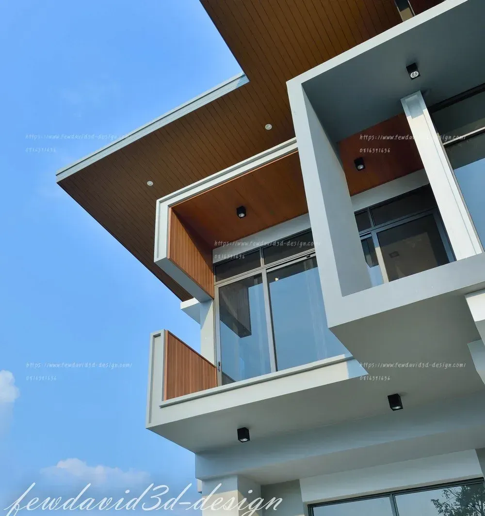 บ้านโมเดิร์นสองชั้น ออกแบบหลังคาเพิงหมาแหงน พร้อมระเบียงกระจกและฝ้าเพดานไม้ ดีไซน์เรียบหรูทันสมัย เน้นเส้นสายเรขาคณิต โทนสีขาว-เทา ตัดกับงานไม้เพิ่มความอบอุ่น โปร่งโล่งด้วยกระจกบานใหญ่ รับแสงธรรมชาติ เหมาะสำหรับผู้ที่ต้องการบ้านสไตล์โมเดิร์นล้ำสมัย รับออกแบบบ้านโมเดิร์นโดยทีมงานมืออาชีพ