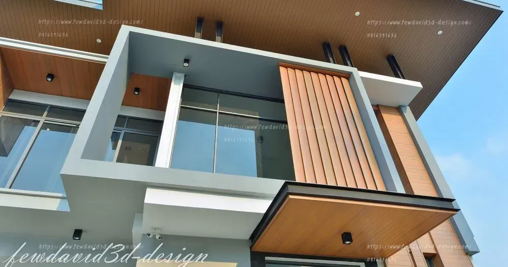 บ้านโมเดิร์นสองชั้น ดีไซน์หรูหราทันสมัย โดดเด่นด้วยระแนงไม้แนวตั้งเพิ่มมิติให้ตัวบ้าน หลังคาเพิงหมาแหงนช่วยเสริมความโมเดิร์น โปร่งโล่งด้วยกระจกบานใหญ่รับแสงธรรมชาติ ผนังโทนสีขาว-เทาตัดกับงานไม้ เพิ่มความอบอุ่นและหรูหรา เหมาะสำหรับผู้ที่ต้องการบ้านดีไซน์ล้ำสมัย รับออกแบบบ้านโมเดิร์นโดยทีมงานมืออาชีพ