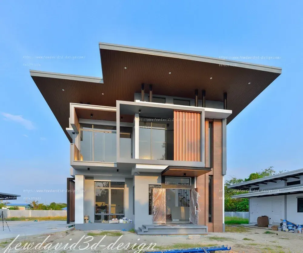 บ้านโมเดิร์นสองชั้น ออกแบบหลังคาเพิงหมาแหงนสุดทันสมัย โดดเด่นด้วยกระจกบานใหญ่ ผสานวัสดุไม้และโครงสร้างปูนสีขาว-เทา เพิ่มมิติด้วยระแนงไม้แนวตั้งและฝ้าเพดานไม้ เหมาะสำหรับผู้ที่มองหาบ้านดีไซน์ล้ำสมัย โปร่งโล่ง รับแสงธรรมชาติ รับออกแบบบ้านสไตล์โมเดิร์นโดยมืออาชีพ