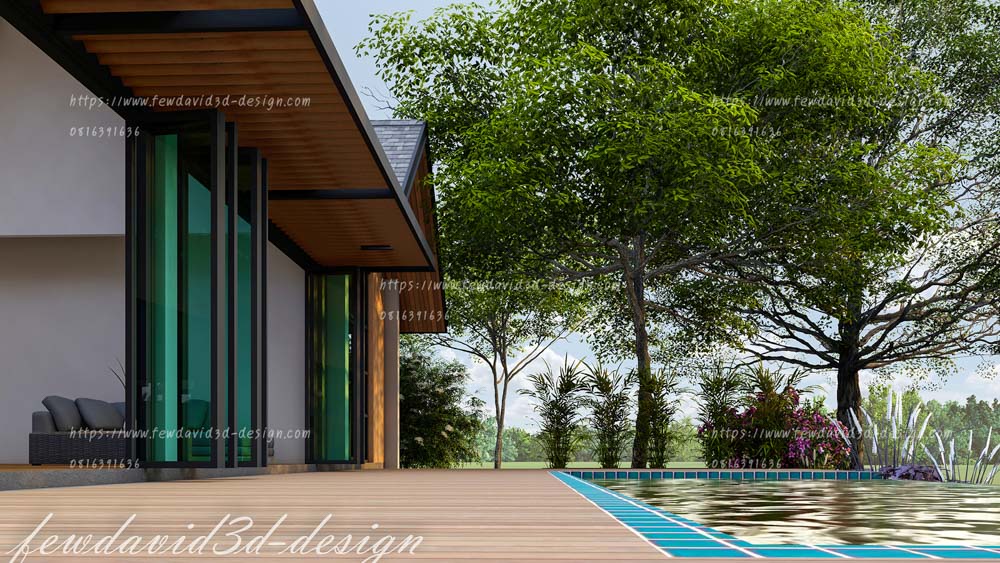 แบบบ้านชั้นเดียว,สถาปนิก,วิศวกร,เขียนแบบก่อสร้าง,โมเดิร์น,สระว่ายน้ำ,หลังคาซีดาร์