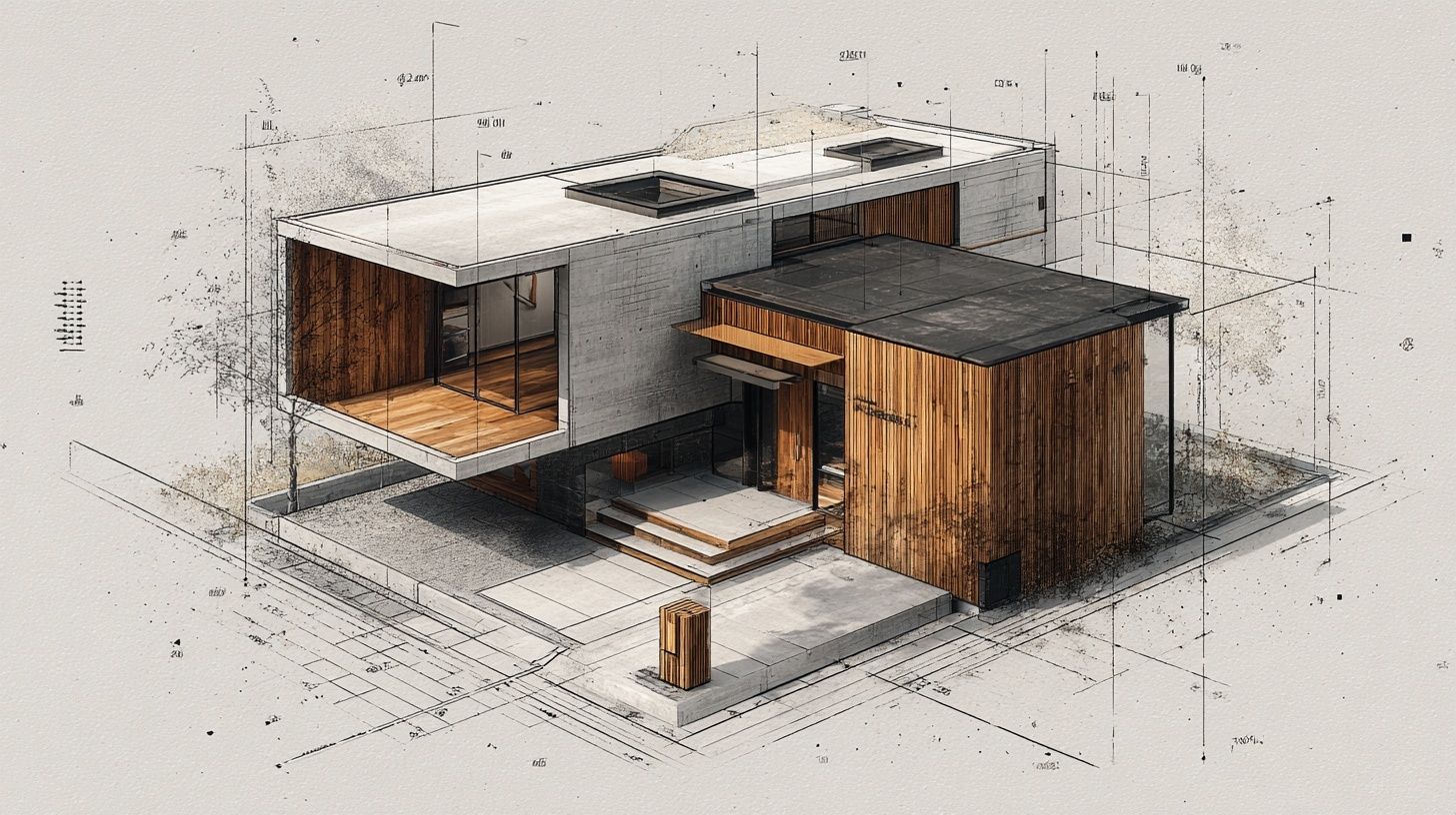 Scandinavian-style modern two store flat roof house rendered in isometric view, brown wood mixed with black tin finish, a small post-box