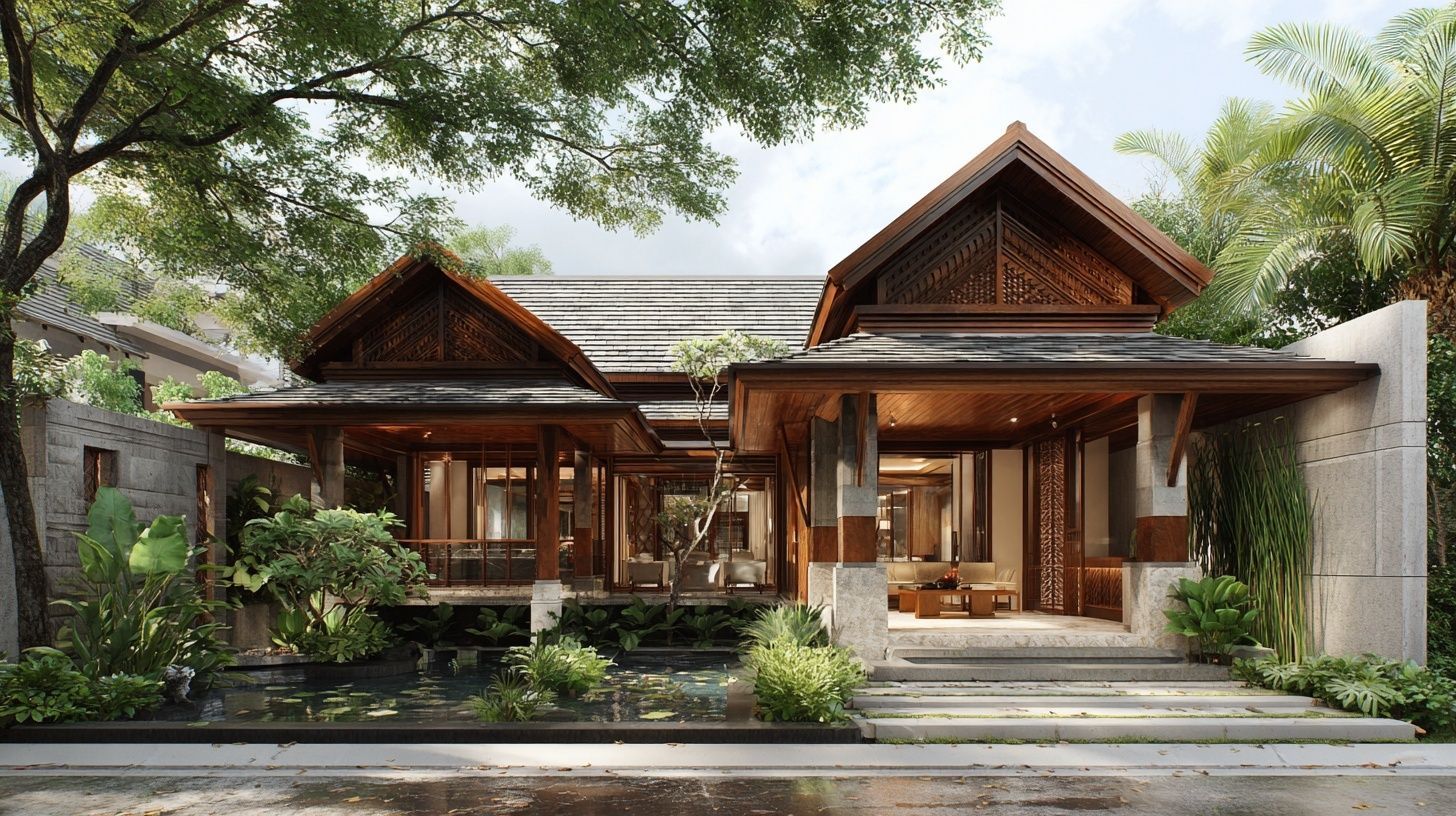 Exterior facade concept. style tone: Traditional Thai. House, gross area 140 sqm, one-story, 4BR, 2BA, 2 car(s), extras: rooftop garden, terrace. site 14x26 m, orientation North, plan scale 1:150, terrain hillside, climate tropical monsoon. plant palette: rain tree, frangipani, golden shower (cassia), bamboo, areca palm, plumeria. isometric camera, aspect 9:16, daylight light, overcast soft mood, people: no people. render style marker sketch, detail high. materials & cues: elevated timber house, steep gables, tiered eaves, carved wood, open veranda, lotus pond. keep design cohesion across all views. no brands, no logos, no celebrity likeness, no watermark.