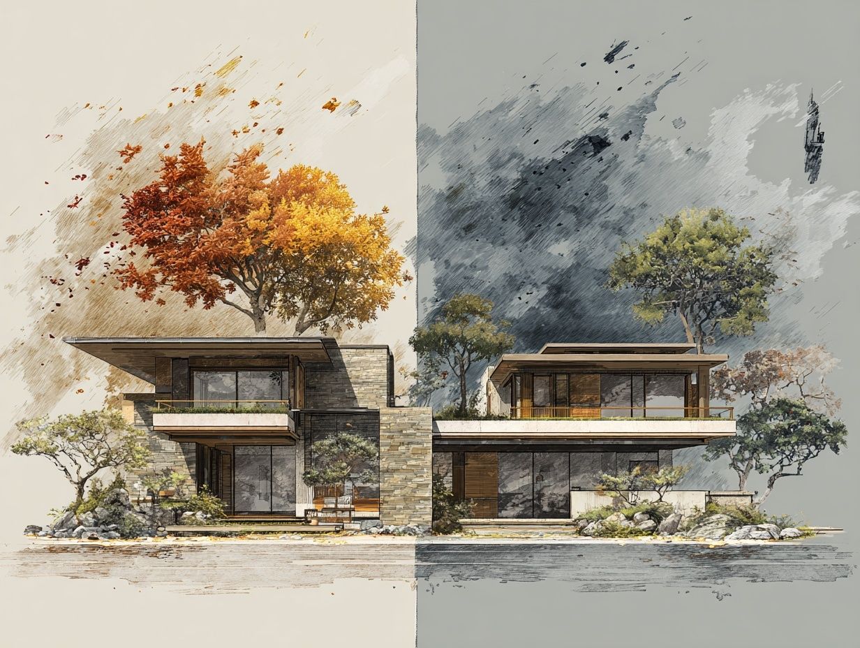 Two comparative houses: one with strong chaotic wind blowing trees and scattering leaves around the house, another with still stagnant air and dark atmosphere, representing Feng Shui imbalance. Illustrated in architectural concept style.