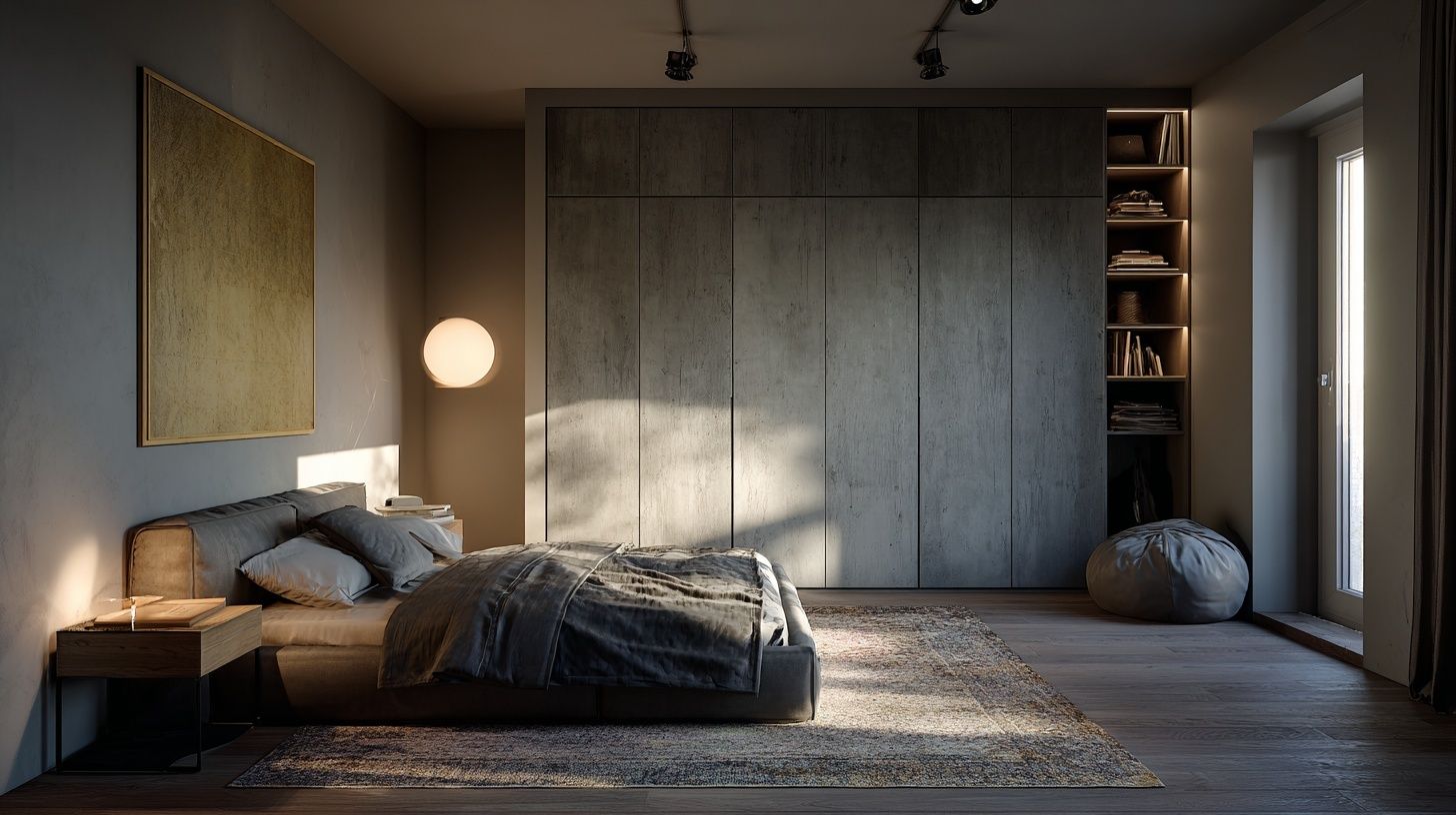 photorealistic interior render of a Minimalist Bedroom in a Apartment, Photorealistic interior render, Dramatic shadows, features: Bed, Nightstand, Wardrobe, Cove indirect light, Rug