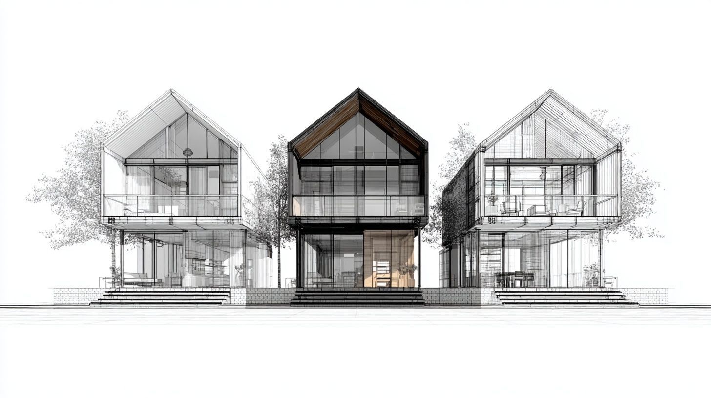 A simple modern house, shown three times in a row from left to right the exact same house repeated three times.