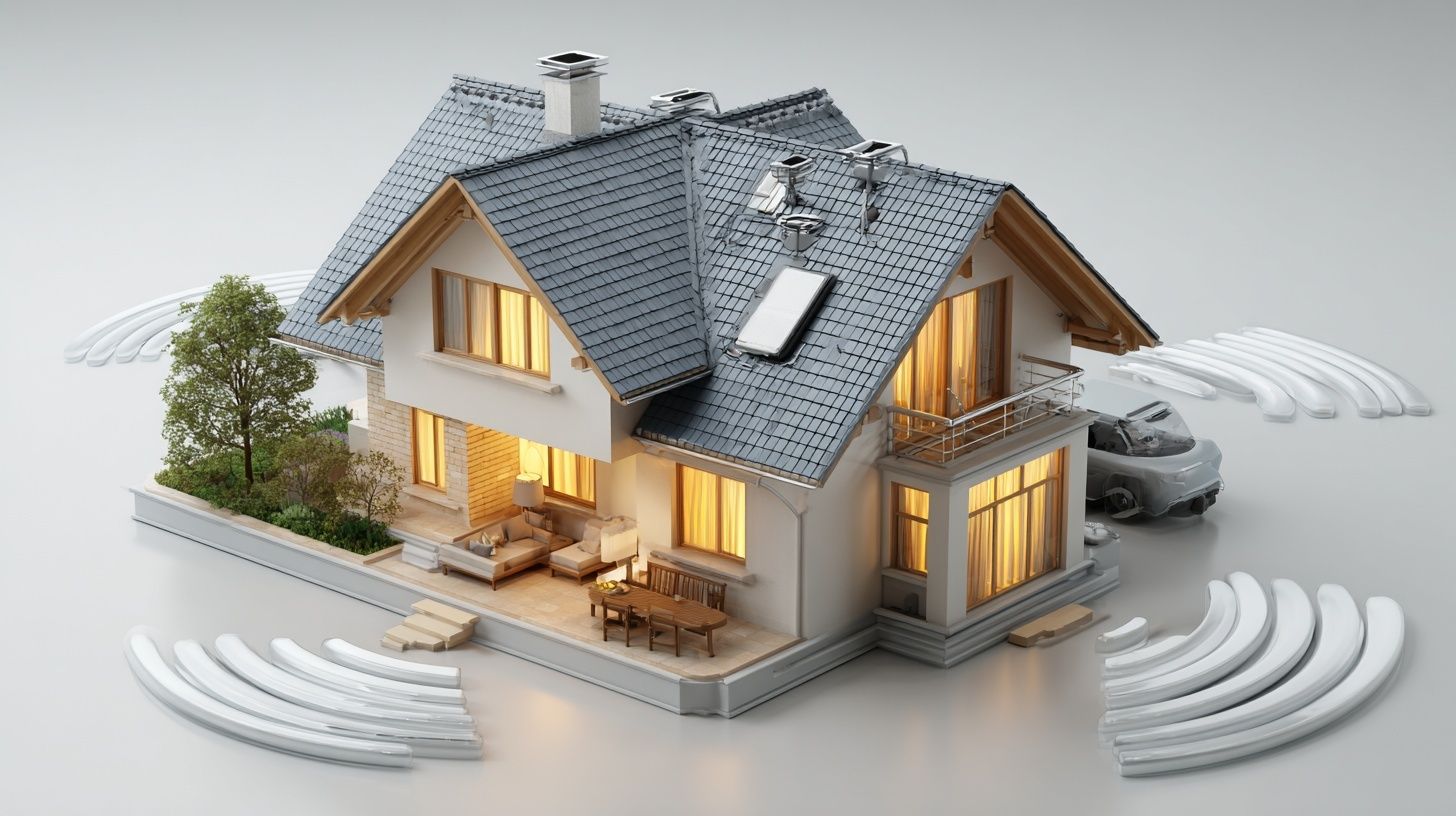 Smart Home, isolated on seamless white, soft shadows, high key lighting, commercial stock photo, copy space