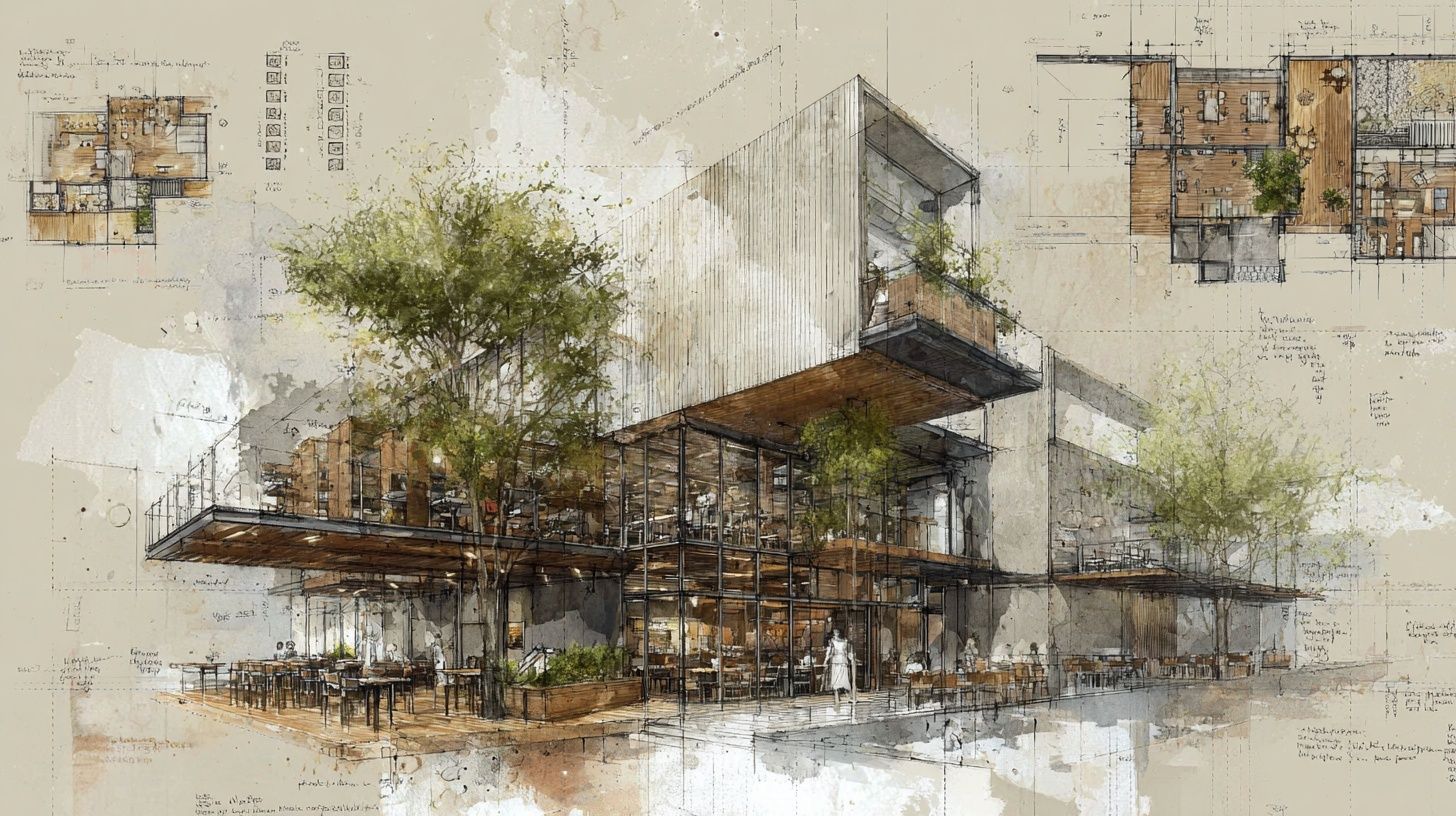 Architectural drawing collage of a mixed-use development. In the middle is the main plan view, and around it are different perspective views. Restaurants with wooden interiors and metal exteriors, large trees outside. Technical drawings made by hand on top of architectural plans, an architectural visualization rendering, with a limited color palette.