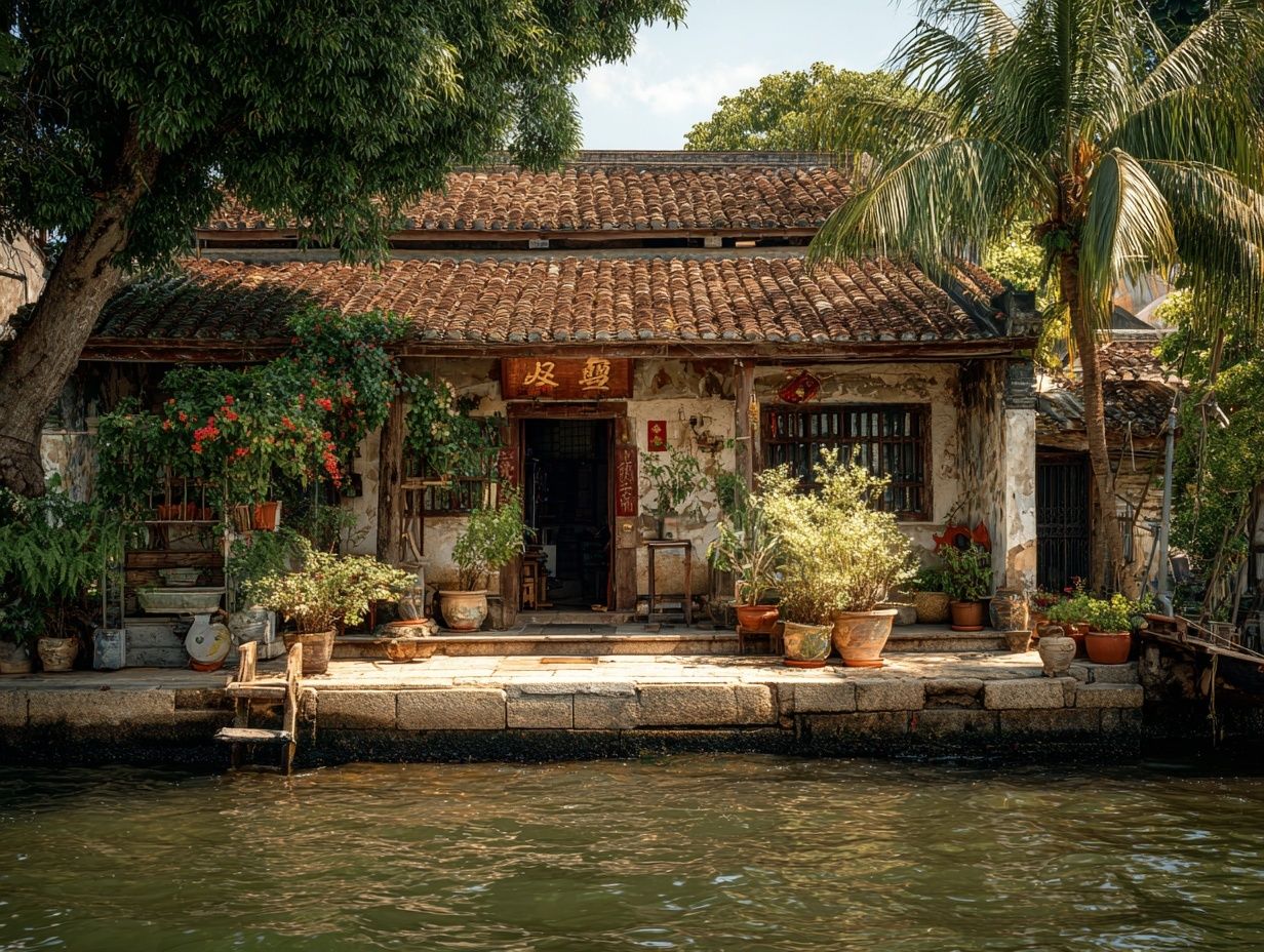 A house located directly at the mouth of a river or water canal, showing unstable Feng Shui energy.