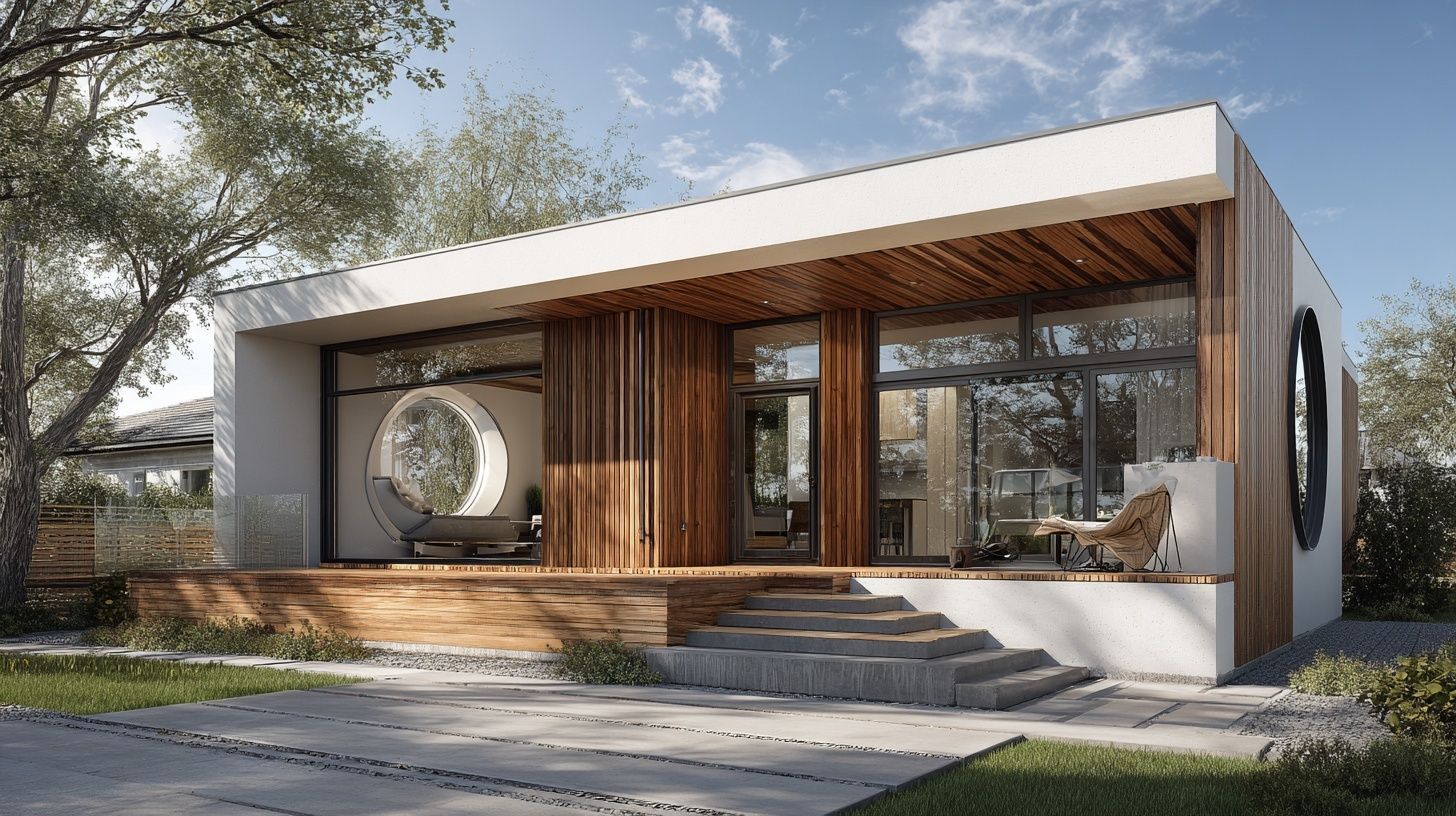 small 2storey house with terrace and wooden accents,, front view, photorealistic, architectural rendering, architectural plan, add green grass in background, 2 large windows with round shape glass panes, one door with rounded window, iced out white sliding doors, brown wood cladding, modern design style.