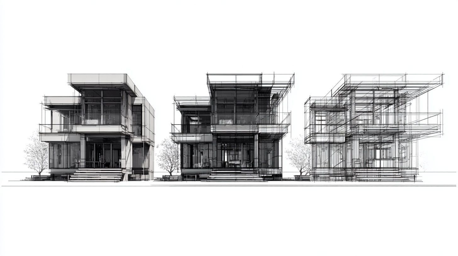 A simple modern house, shown three times in a row from left to right the exact same house repeated three times