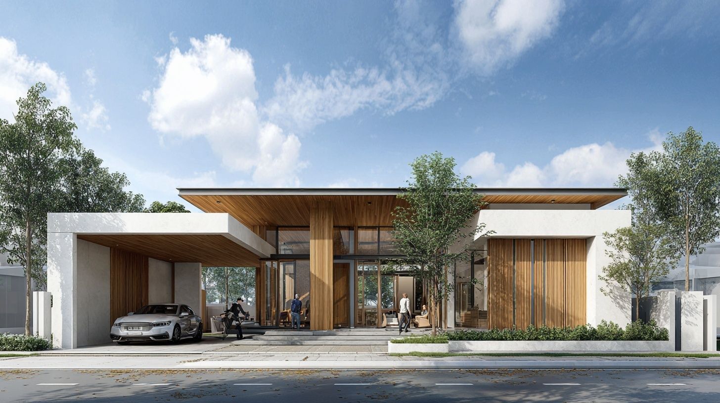 House Architectural rendering of an L-shaped, one-story house with wood cladding, white walls on a street in Bangkok, Thailand. People are standing next to their car, looking at the house. The design is minimal in style, with conceptual elements and wooden details. The view is at eye level, presenting a facade perspective drawing.