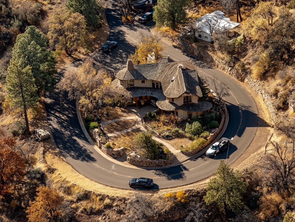 A house located right at a sharp road curve resembling a sickle, cars turning dangerously near the property.
