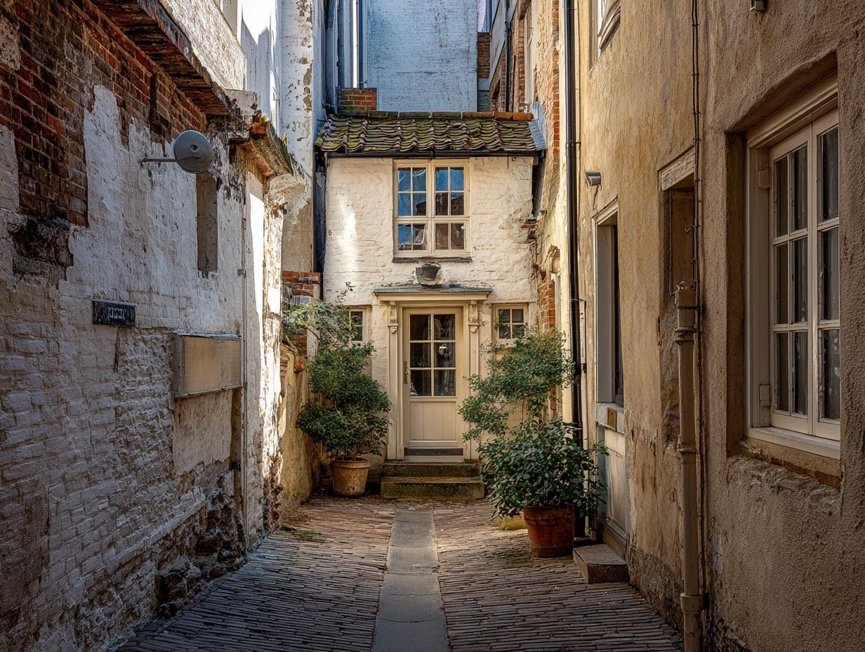 A small house directly at the end of a narrow alley or road pointing straight at it, illustrating negative force.
