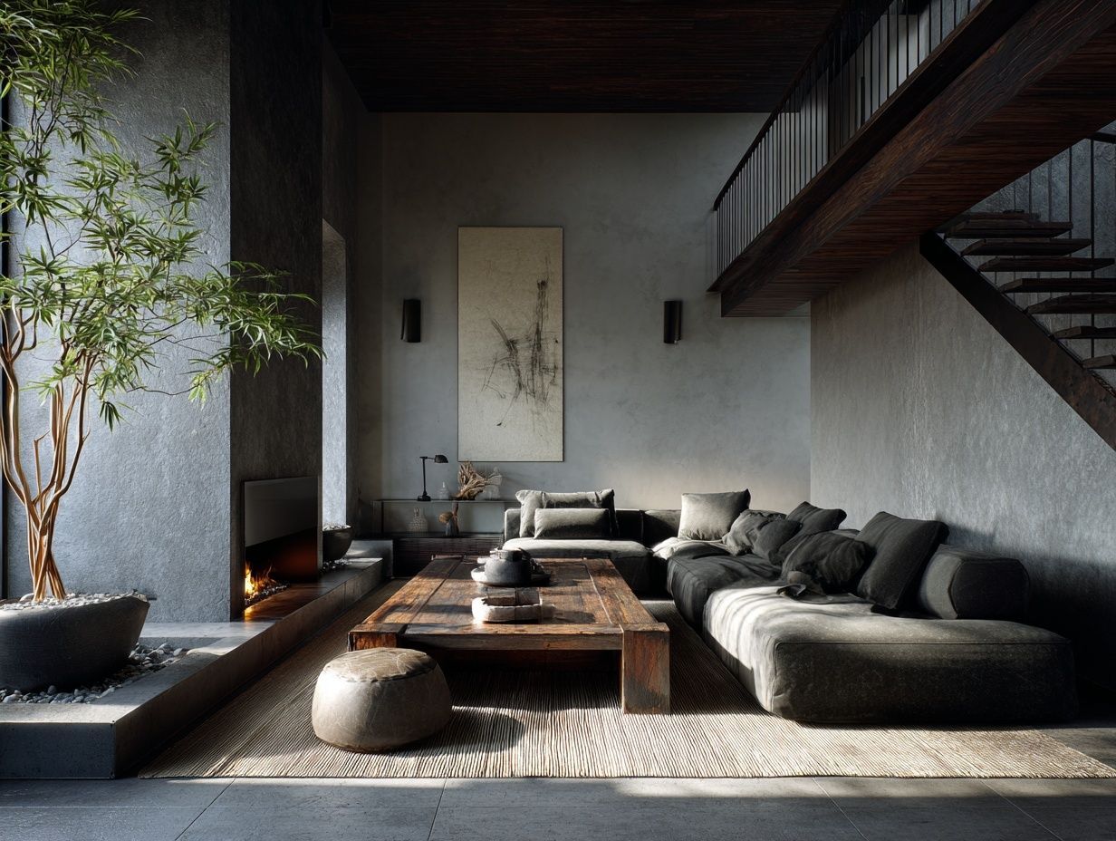 A house interior with very dark and cold atmosphere, minimal natural light, shadows filling the corners, creating a Yin-heavy energy, symbolizing bad Feng Shui. Contrast with a bright version of the same house filled with warm sunlight, showing good Feng Shui balance. Architectural visualization, semi-realistic, moody lighting.