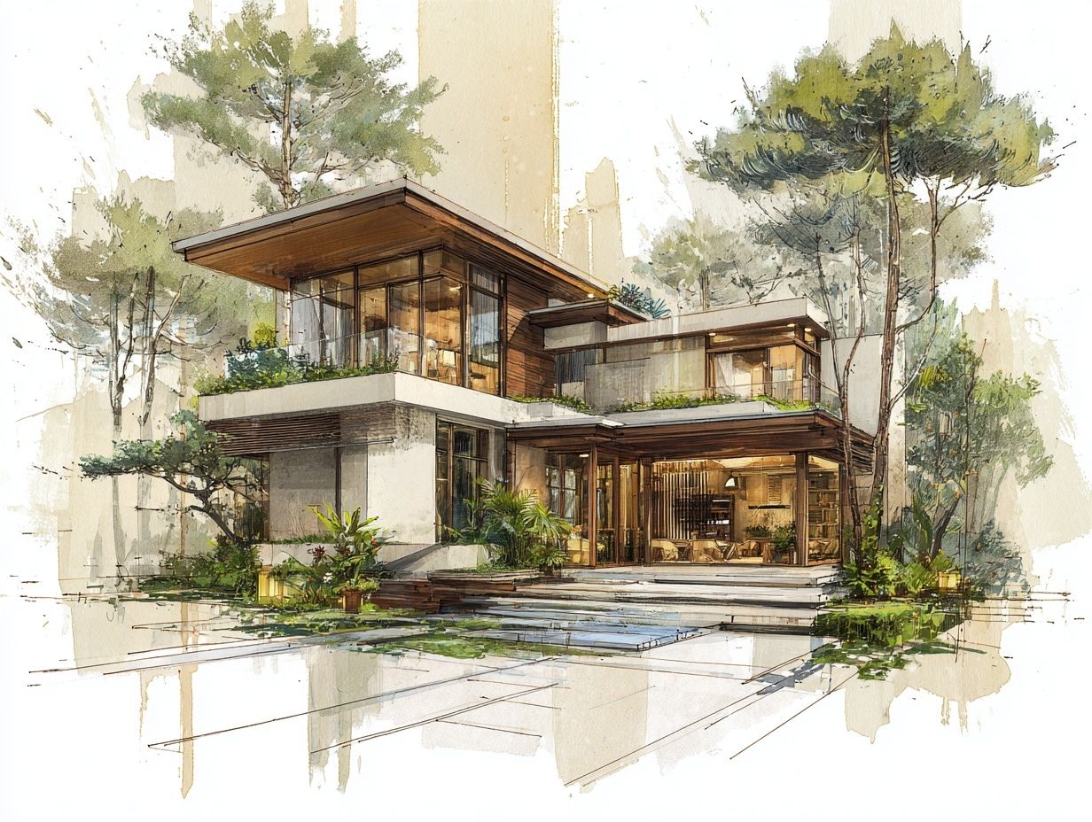 A modern Asian house with a warm natural lighting, surrounded by trees and balanced landscape, symbolizing good Feng Shui energy, welcoming atmosphere, safe and prosperous vibes. Architectural illustration style, clean lines, realistic details, soft light.