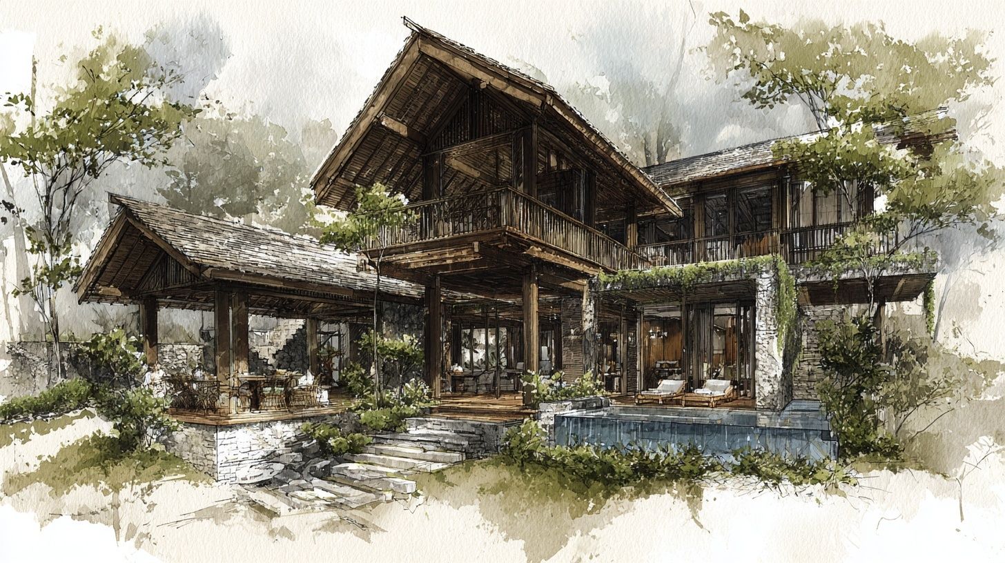 Exterior facade concept. style tone: Traditional Thai. Café, gross area 220 sqm, one-story, 4BR, 3BA, 2 car(s), extras: double-height living. site 12x26 m, orientation West, plan scale 1:150, terrain steep hillside, climate temperate oceanic. plant palette: oak, birch, beech hedge, yew topiary, bluebells, lawn with daisies. low-angle camera, aspect 16:9, blue hour light, overcast soft mood, people: no people. render style watercolor wash, detail high. materials & cues: elevated timber house, steep gables, tiered eaves, carved wood, open veranda, lotus pond. keep design cohesion across all views. no brands, no logos, no celebrity likeness, no watermark.
