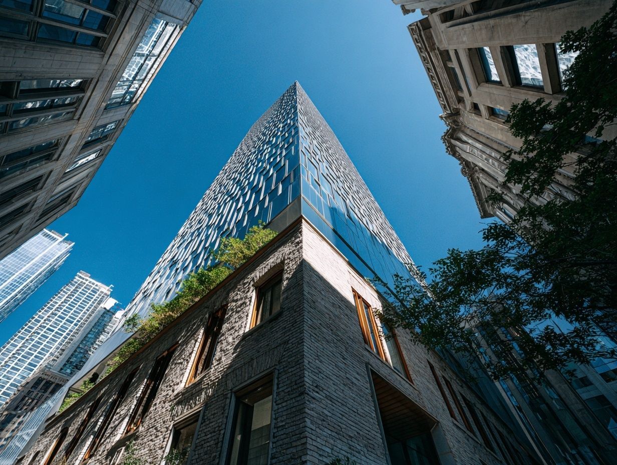A sharp corner of a tall building pointing directly toward a small house, creating aggressive visual tension.