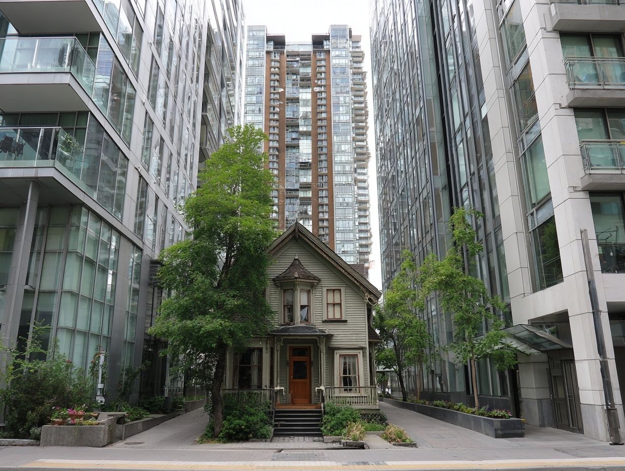 A small house squeezed tightly between two tall modern buildings, showing suppressed and trapped energy.