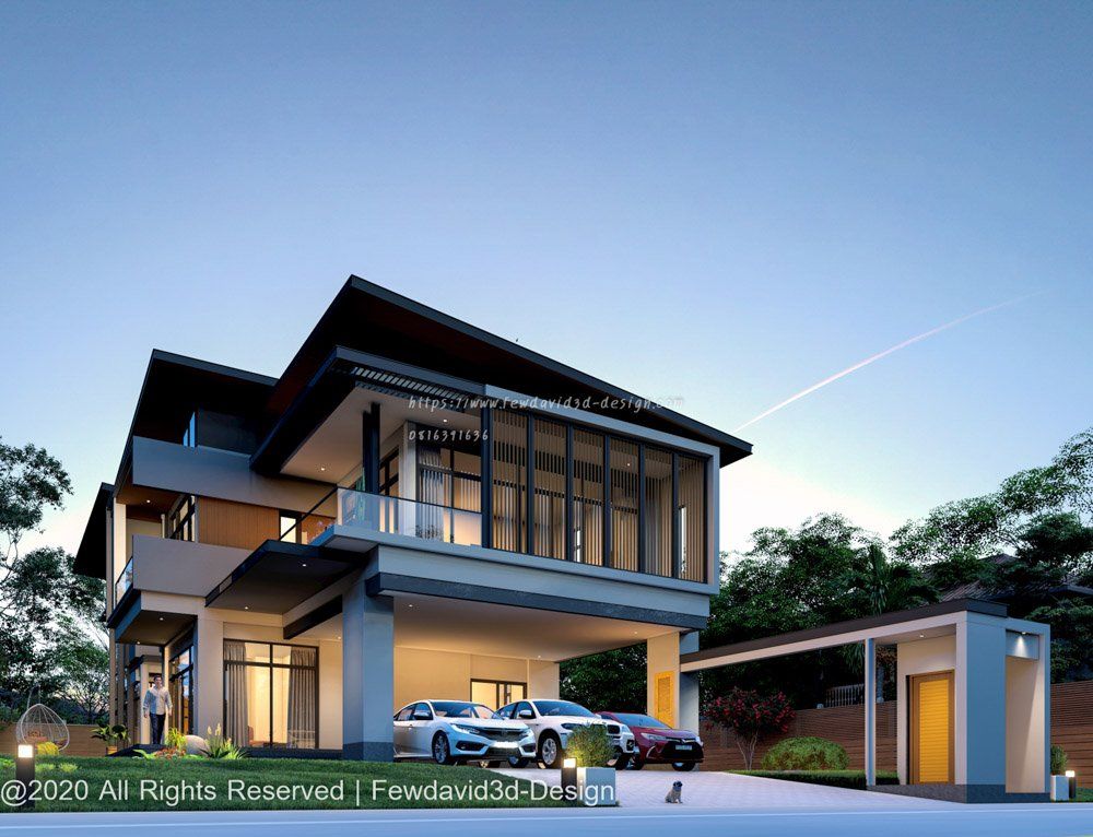 บ้านโมเดิร์นสองชั้น ดีไซน์เรียบหรู พร้อมพื้นที่สีเขียวรอบบ้าน รับออกแบบบ้านโมเดิร์น
